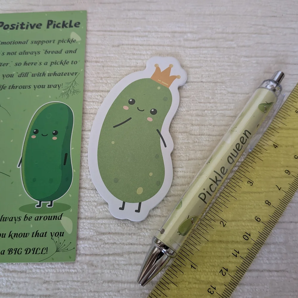 Pickle-Themed Pen Sets Qty 6, Bookmark, Pen, And  Stick Note Pad. 6 Designs